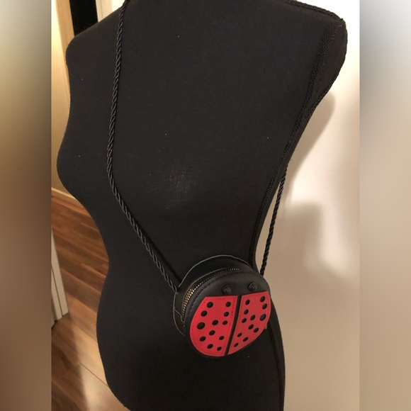 Mini Bag; Lady Bug; Red & Black; Vegan Leather; Rope Strap; Approx 4” Diameter - Picture 6 of 6